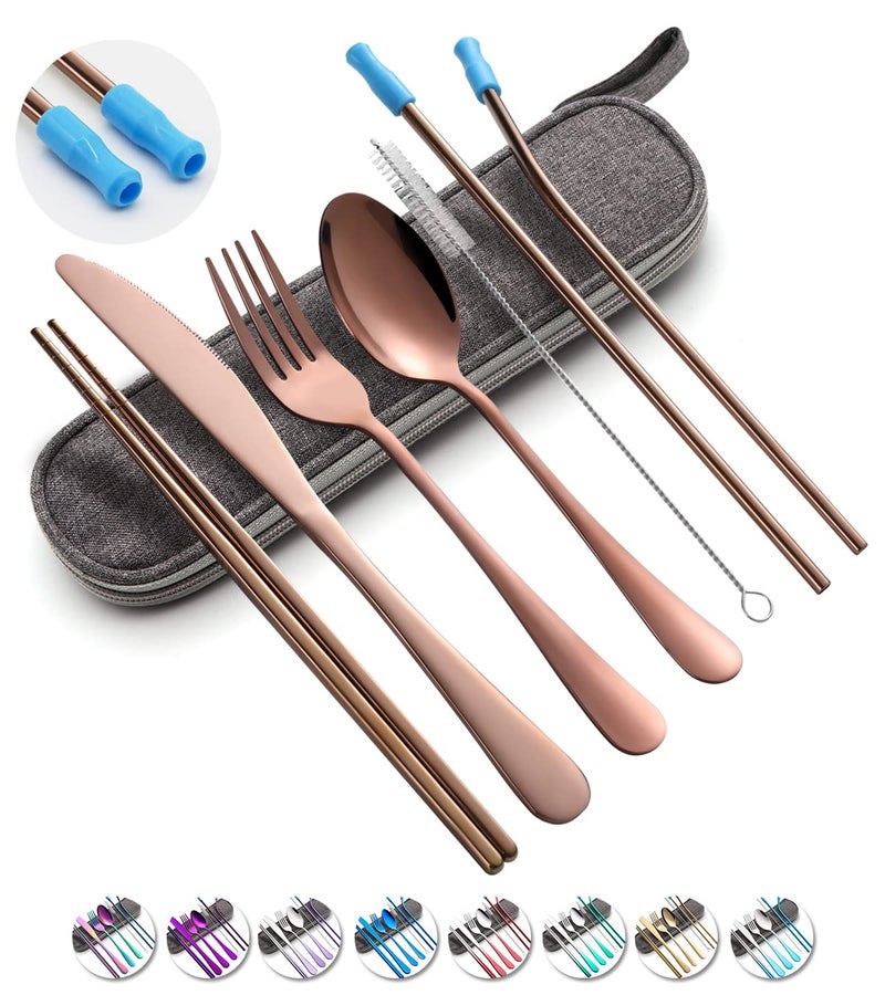 OASMU Travel Utensils Set with Case Reusable Portable Cutlery Set Stainless Steel 8pcs Including Dinner Knife Fork Spoon Chopsticks straws(Rose Gold) - Image 1